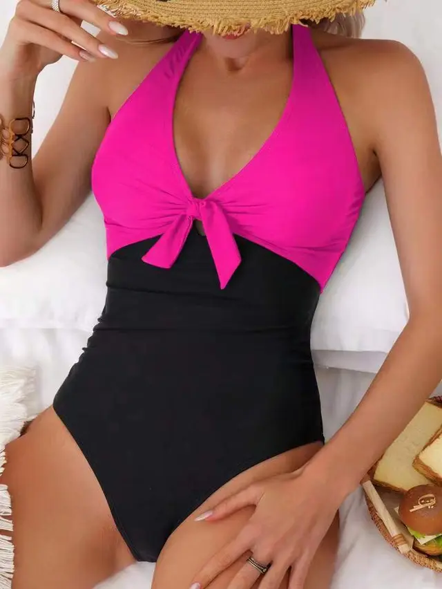 Female Casual Versatile One piece Patchwork Swimsuit Rose Red - Shop at LoveMi