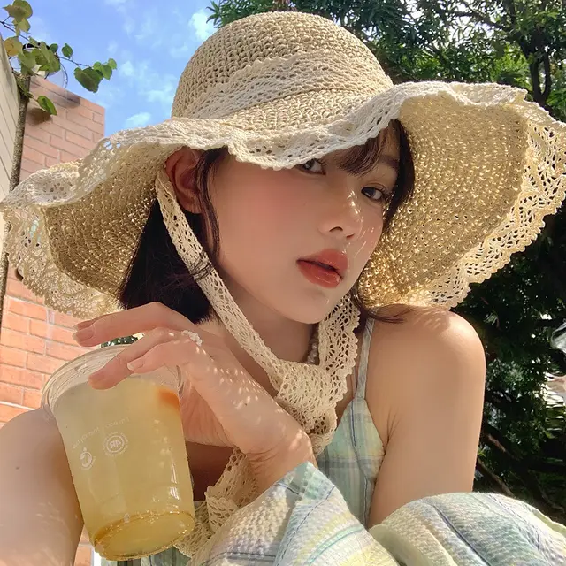 Lace String Color Woven Straw Hat Summer Versatile Outdoor Travel Beach Hat Cute Girl Ins Bucket Hat Lace Beige - Shop at LoveMi