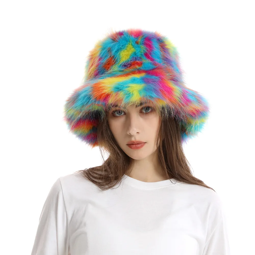 Women's Bucket Hat Warm Plush Hat - Rainbow