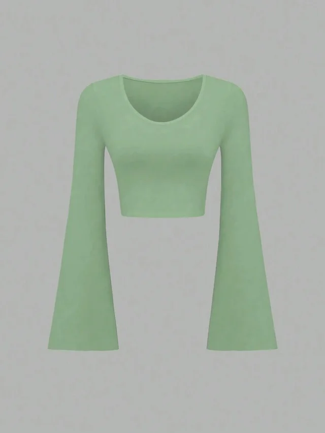 Fashion Solid Color Scoop Bell Sleeve Short Slim Fit Slimming T shirt Green - Shop at LoveMi