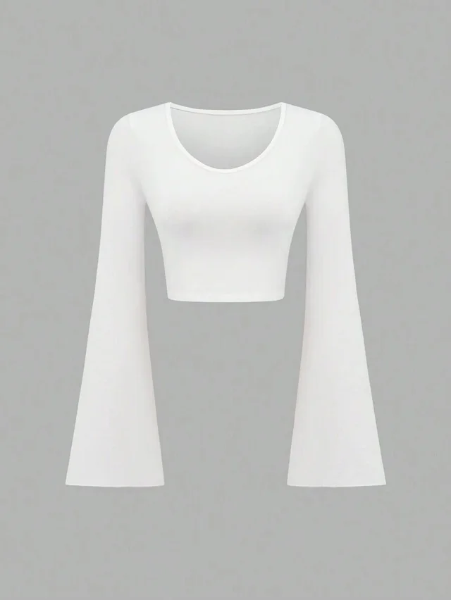 Fashion Solid Color Scoop Bell Sleeve Short Slim Fit Slimming T shirt White - Shop at LoveMi