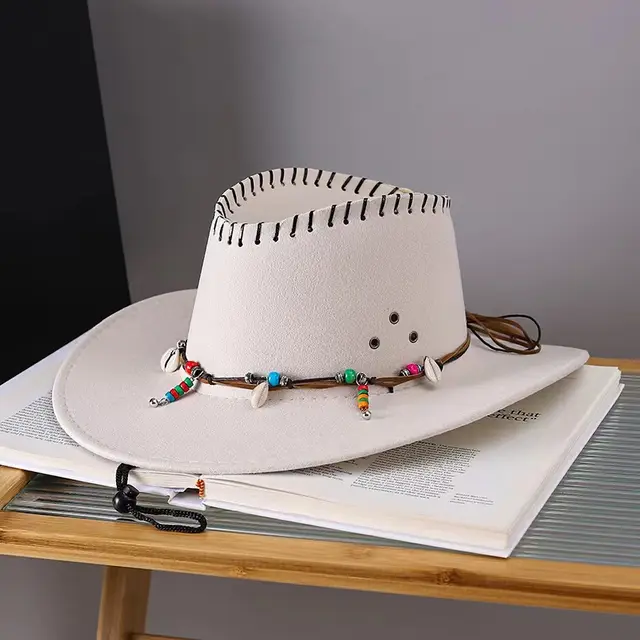 Western Cowboy Hat Men's And Women's Gem Chain Fedora Hat A Style Beige - Shop at LoveMi