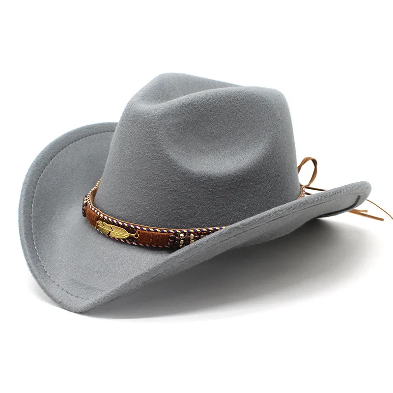 Ethnic Style Metal Feather Western Denim Top Hat - Light Gray