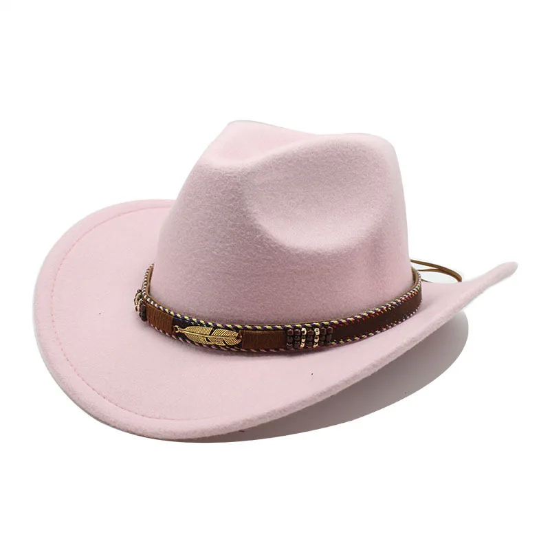 Ethnic Style Metal Feather Western Denim Top Hat - Pink
