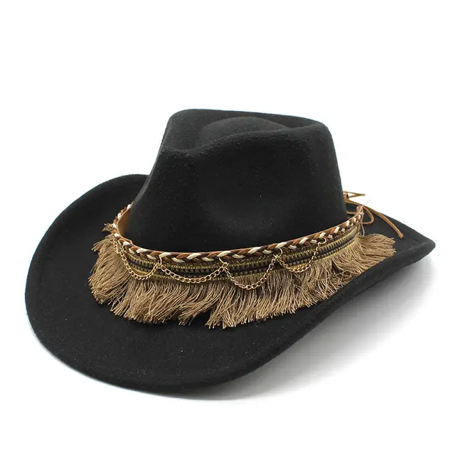 Ethnic Style Tassel Felt Cap Jazz Flat Brim Hat Black - Shop at LoveMi