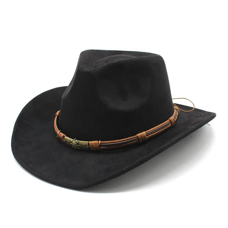 Suede Curling Western Cowboy Hat Ethnic Style Top Hat Black Suede - Shop at LoveMi