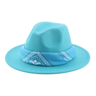 Paisley Ribbon Wide Brim Woolen Top Hat Felt Cowboy Hat Lake Blue - Shop at LoveMi