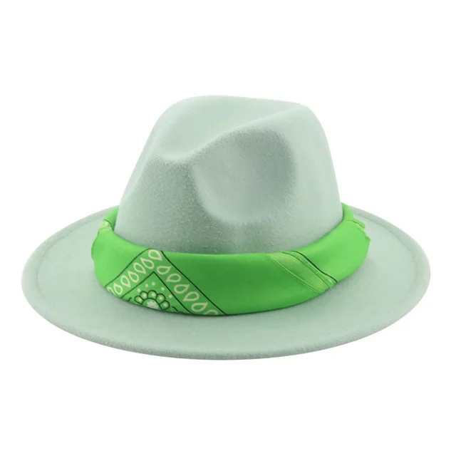 Paisley Ribbon Wide Brim Woolen Top Hat Felt Cowboy Hat Light Green - Shop at LoveMi