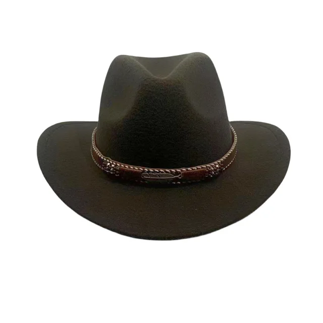 Curling Cowboy Hat Men's And Women's Leaf Belt Fur Felt Hat Brown - Shop at LoveMi