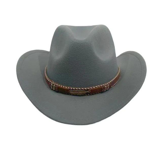 Curling Cowboy Hat Men's And Women's Leaf Belt Fur Felt Hat Gray - Shop at LoveMi