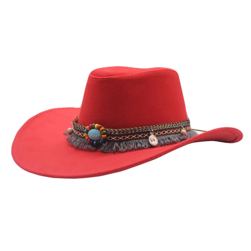 Ethnic Style Denim Top Hat Curling Felt Cap Horse Riding Hat - Red