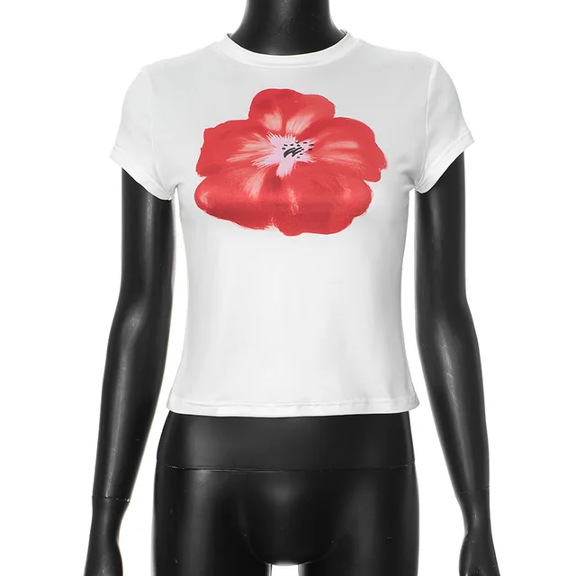 Fashion Print Round Neck Short sleeved Cropped T shirt White - Shop at LoveMi