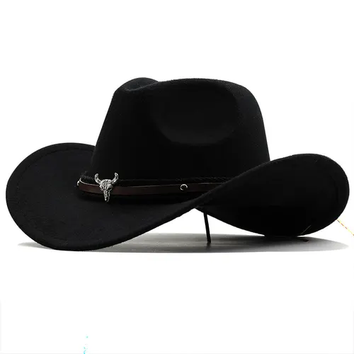 Metal Bull Head Label Western Denim Top Woolen Fedora Hat 04 Black - Shop at LoveMi