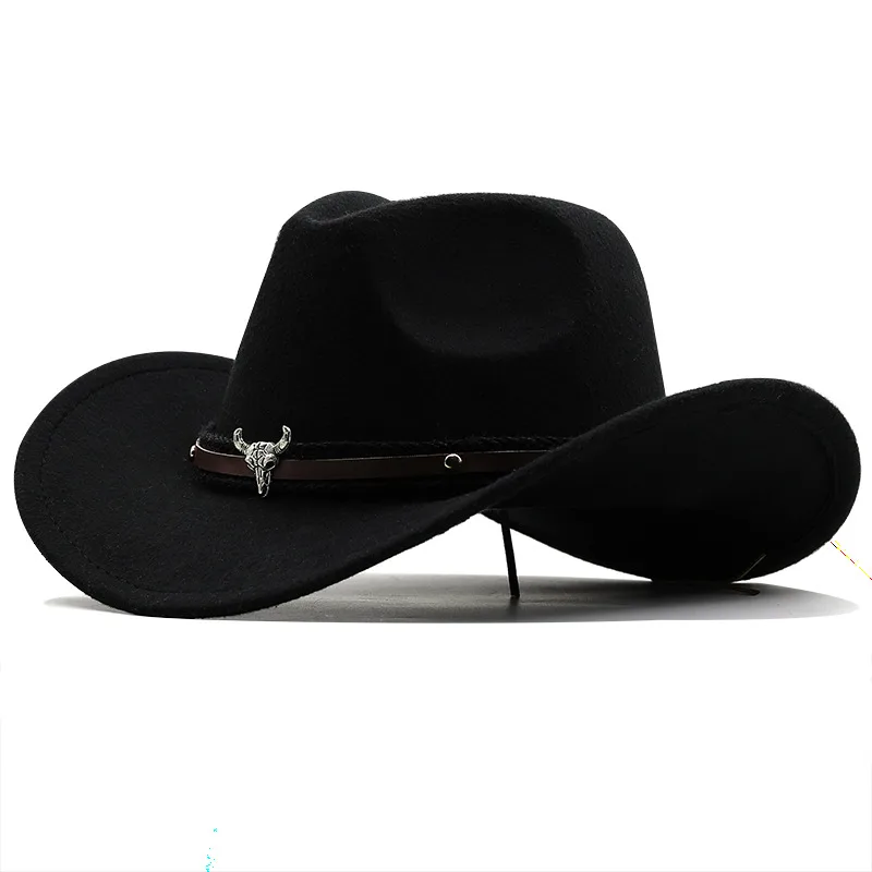 Metal Bull Head Label Western Denim Top Woolen Fedora Hat 04 Black - Shop at LoveMi