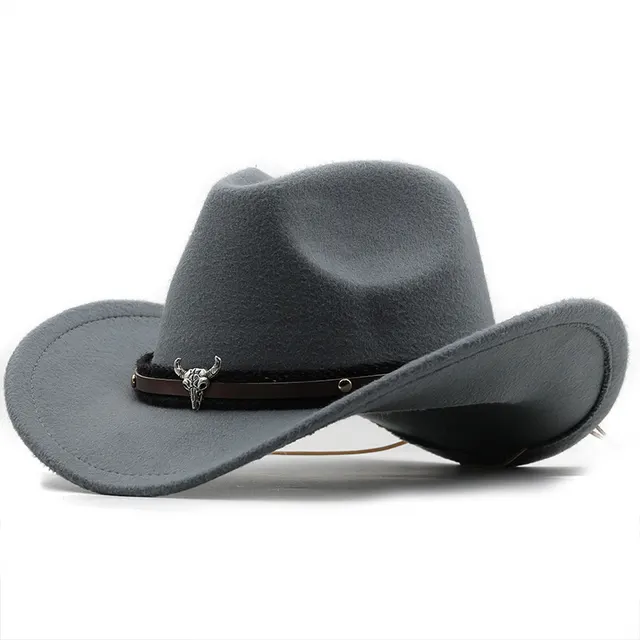 Metal Bull Head Label Western Denim Top Woolen Fedora Hat 05 Light Gray - Shop at LoveMi