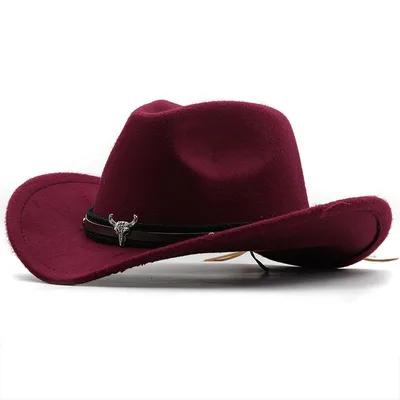 Metal Bull Head Label Western Denim Top Woolen Fedora Hat 9 Wine Red - Shop at LoveMi