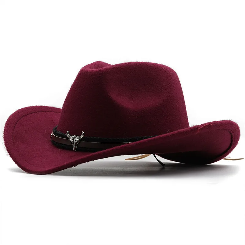 Metal Bull Head Label Western Denim Top Woolen Fedora Hat - 9 Wine Red