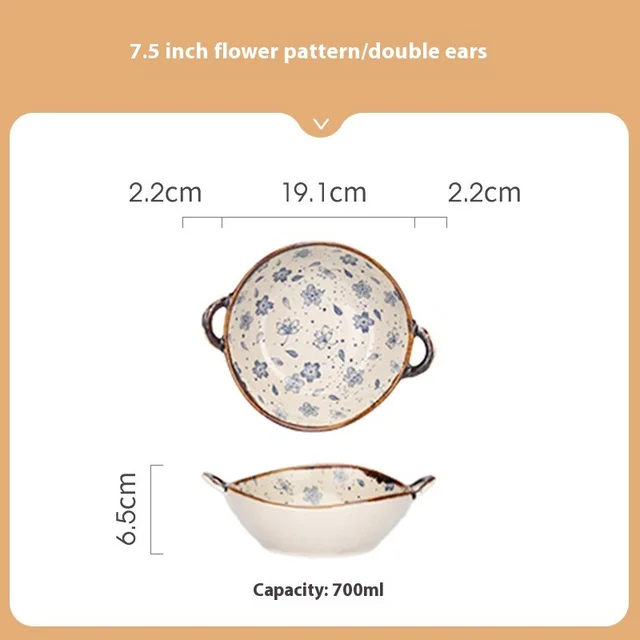 Binaural Soup Household Vintage Noodle Bowl Ramen Ceramic Big Soup Basin Tableware 05 Falling Flower Style - Shop at LoveMi