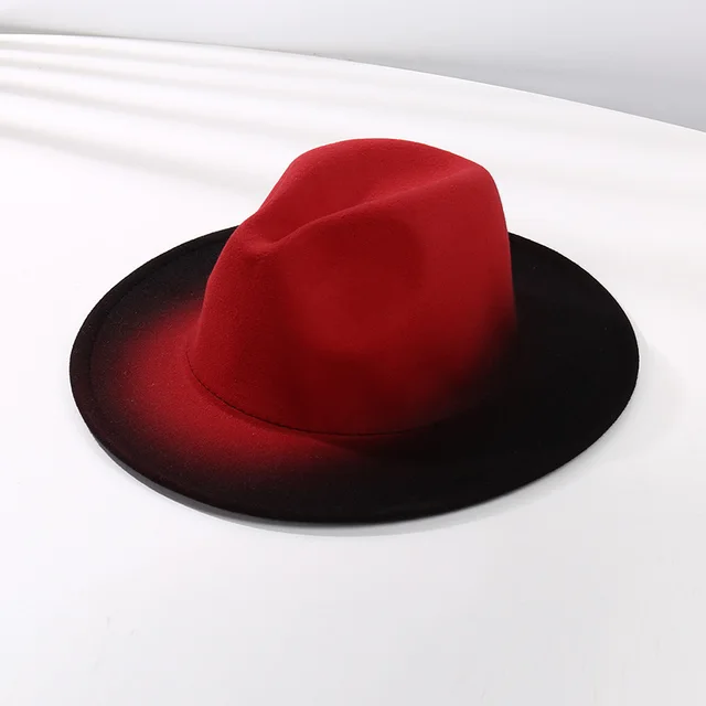 Fashion Gradient Color Fedora Hat Flat Brim Woolen Felt Hat Big Red Top - Shop at LoveMi