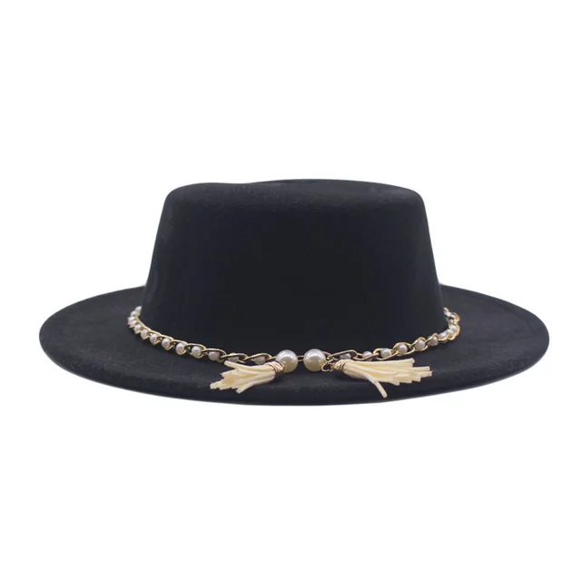 Fashion Flat Brim Top Hat Women Flat Top Woolen Hat Black - Shop at LoveMi