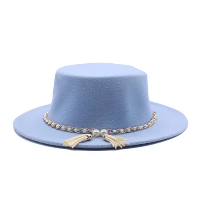 Fashion Flat Brim Top Hat Women Flat Top Woolen Hat Sky Blue - Shop at LoveMi