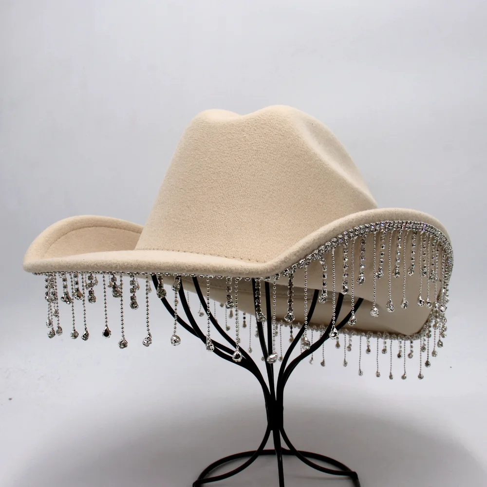 Warped Top Hat With Diamond Tassel Western Cowboy Hat Beige - Shop at LoveMi