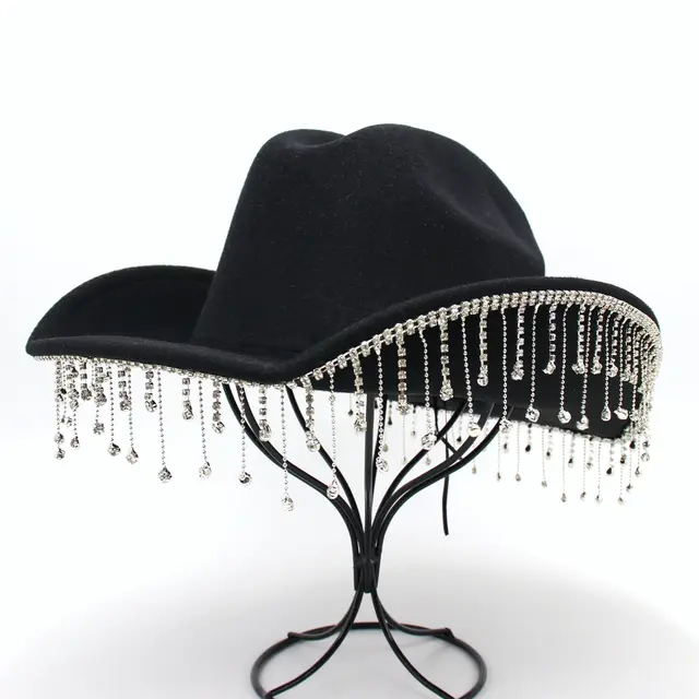 Warped Top Hat With Diamond Tassel Western Cowboy Hat Black - Shop at LoveMi