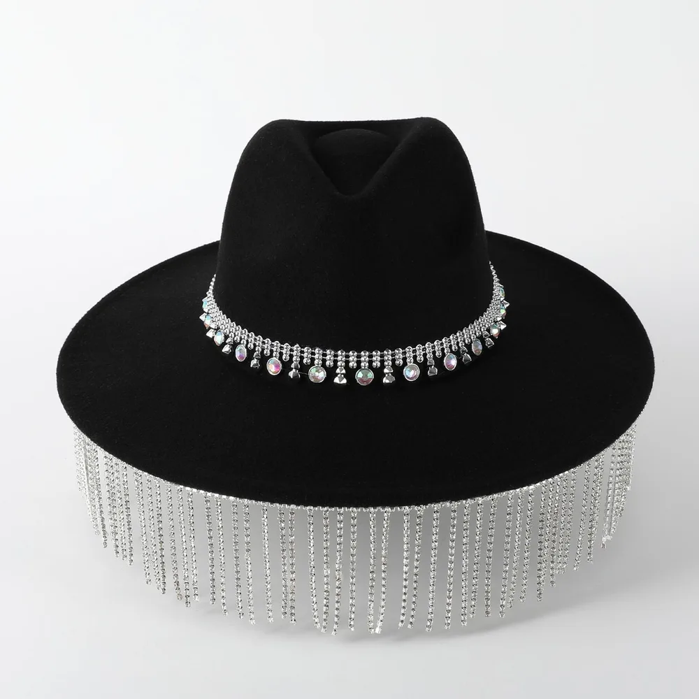 Pendant Wide Brim Top Hat Casual Fedora Hat Women Fur Felt Hat Black - Shop at LoveMi