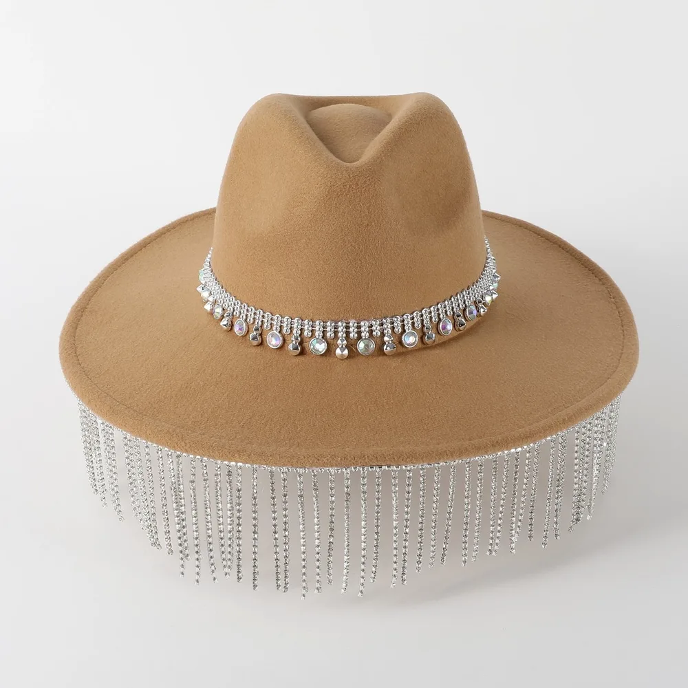 Pendant Wide Brim Top Hat Casual Fedora Hat Women Fur Felt Hat - Khaki
