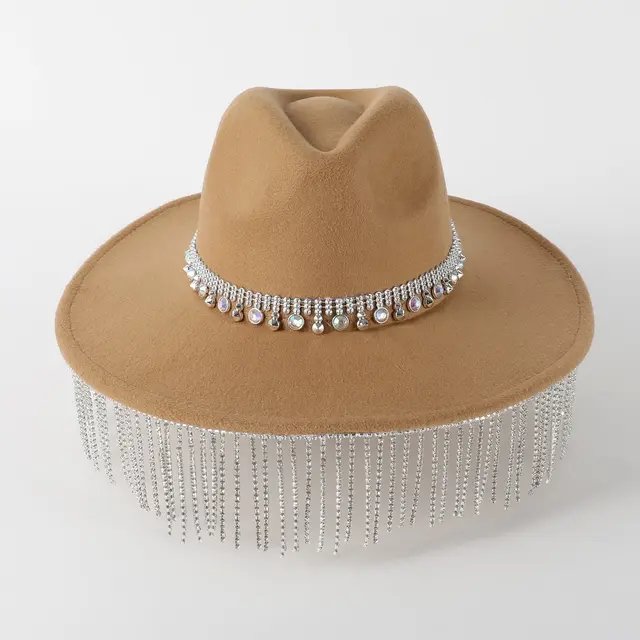 Pendant Wide Brim Top Hat Casual Fedora Hat Women Fur Felt Hat Khaki - Shop at LoveMi