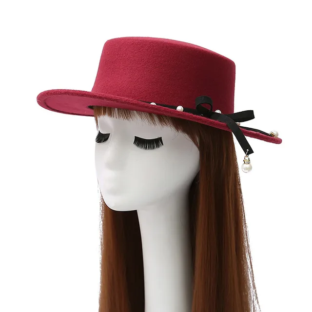 Flat Top Hat Women's Pearl Wool Felt Hat Wine Red - Shop at LoveMi