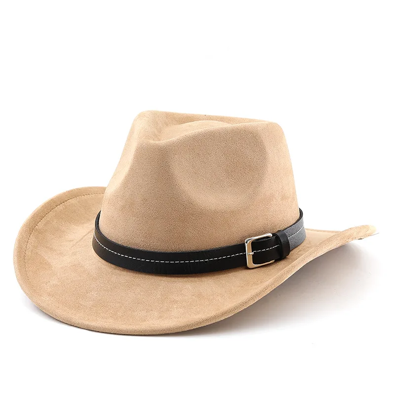 Belt Decoration Suede Curling Western Cowboy Hat Top Hat Camel - Shop at LoveMi