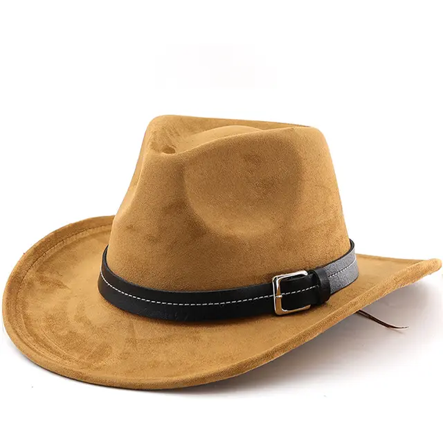 Belt Decoration Suede Curling Western Cowboy Hat Top Hat Khaki - Shop at LoveMi
