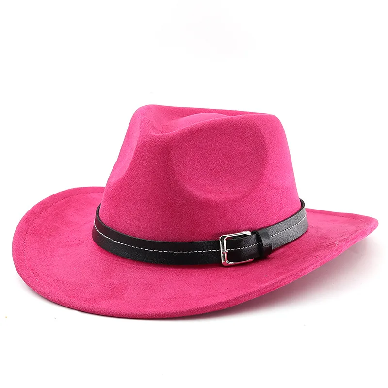 Belt Decoration Suede Curling Western Cowboy Hat Top Hat Rose Red - Shop at LoveMi
