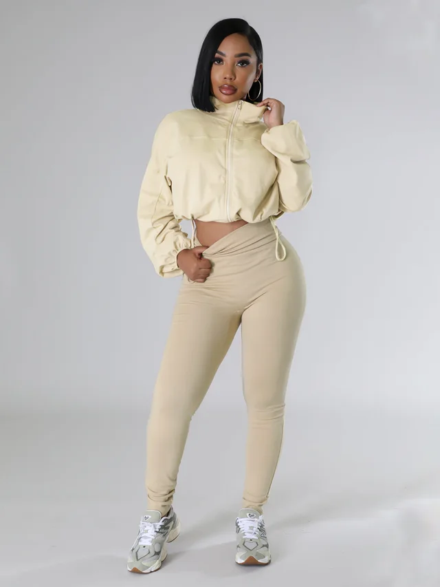 Women's Fashion Hooded Loose Long Sleeves Top Two piece Suit Khaki - Shop at LoveMi
