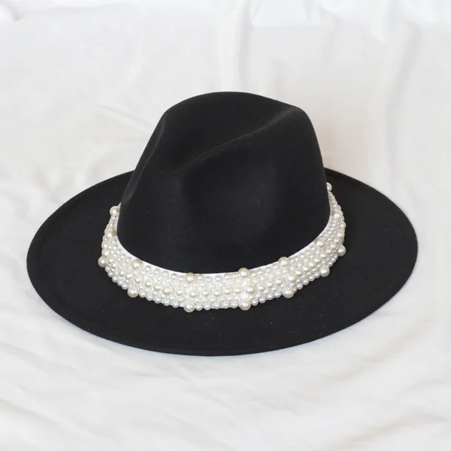 Handmade Pearl Top Hat Big Brim Fur Felt Hat Black - Shop at LoveMi