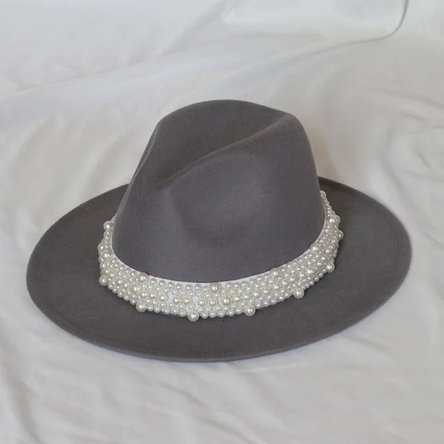 Handmade Pearl Top Hat Big Brim Fur Felt Hat Gray - Shop at LoveMi