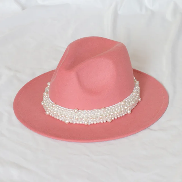 Handmade Pearl Top Hat Big Brim Fur Felt Hat Pink Color - Shop at LoveMi
