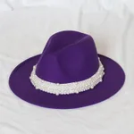 Handmade Pearl Top Hat Big Brim Fur Felt Hat - Purple