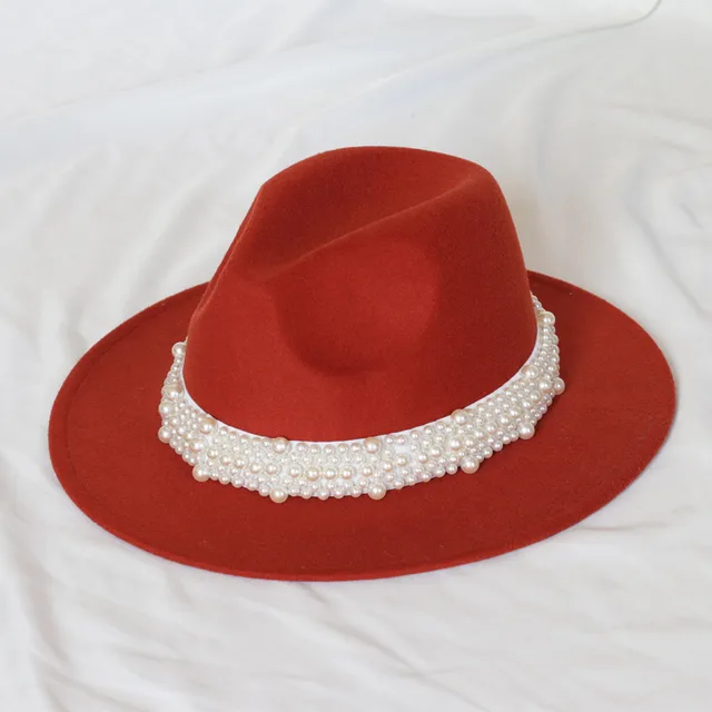 Handmade Pearl Top Hat Big Brim Fur Felt Hat Rust Red - Shop at LoveMi