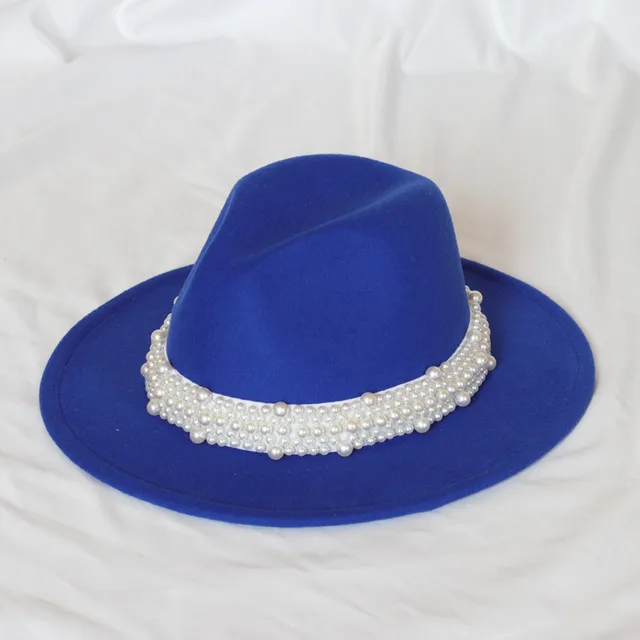 Handmade Pearl Top Hat Big Brim Fur Felt Hat Sapphire Blue - Shop at LoveMi
