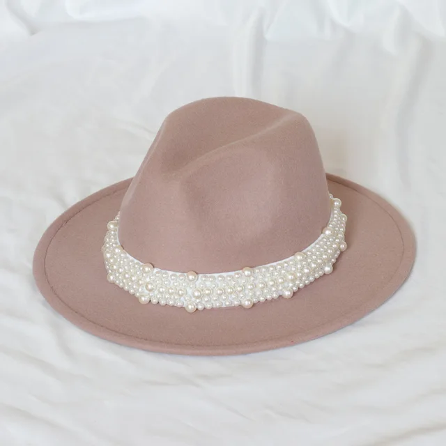Handmade Pearl Top Hat Big Brim Fur Felt Hat Taupe - Shop at LoveMi