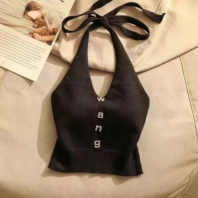 Summer Design Sense Off the shoulder Short Halter Spaghetti Straps Vest Black - Shop at LoveMi
