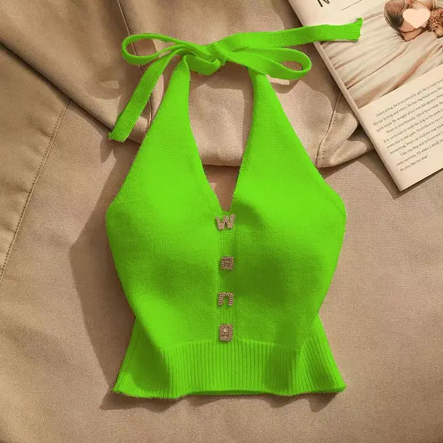 Summer Design Sense Off the shoulder Short Halter Spaghetti Straps Vest Fluorescent Green - Shop at LoveMi