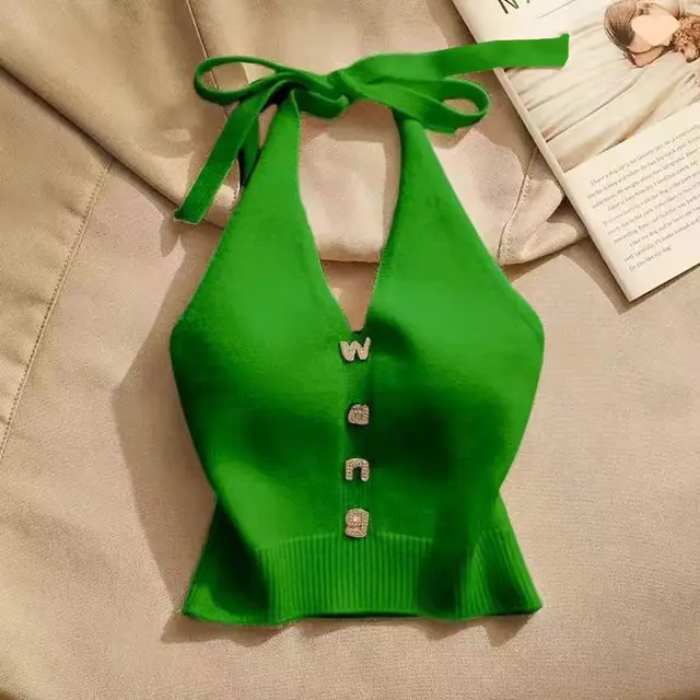 Summer Design Sense Off the shoulder Short Halter Spaghetti Straps Vest Green - Shop at LoveMi