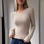 Round-neck Comfortable Warm Long Sleeves Knitted Top - Apricot