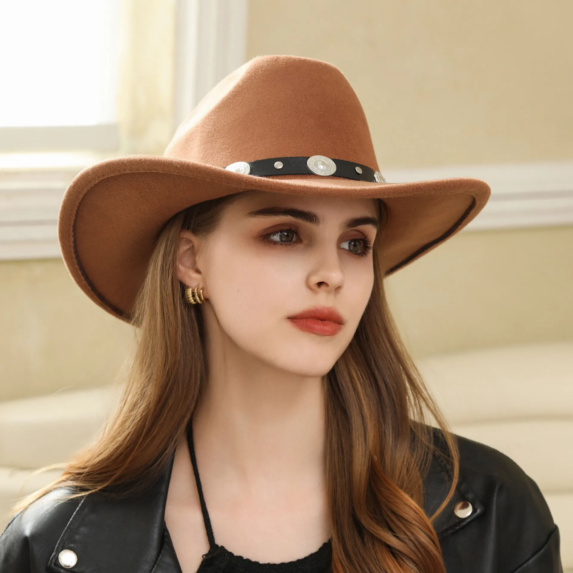 Retro Woolen Western Cowboy Hat Fashion Big Brim Top Hat - Brown
