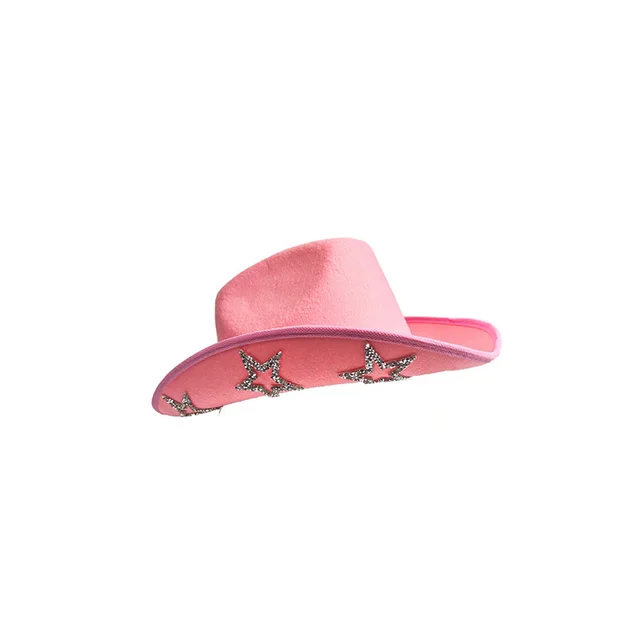 Western Cowboy Hat Rhinestone Five pointed Star Fedora Hat Pink - Shop at LoveMi