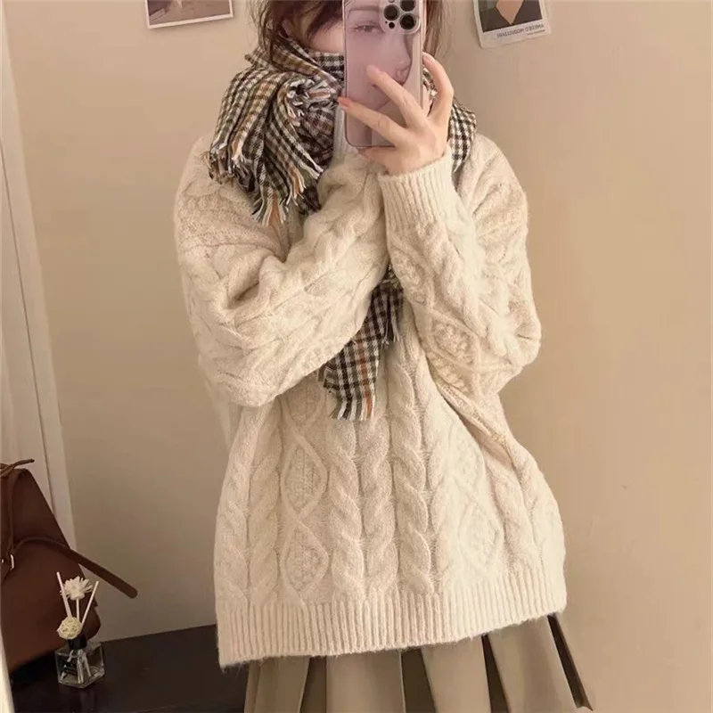 Retro Twist Sweater Women's Soft Glutinous Loose Round Neck Apricot - Shop at LoveMi