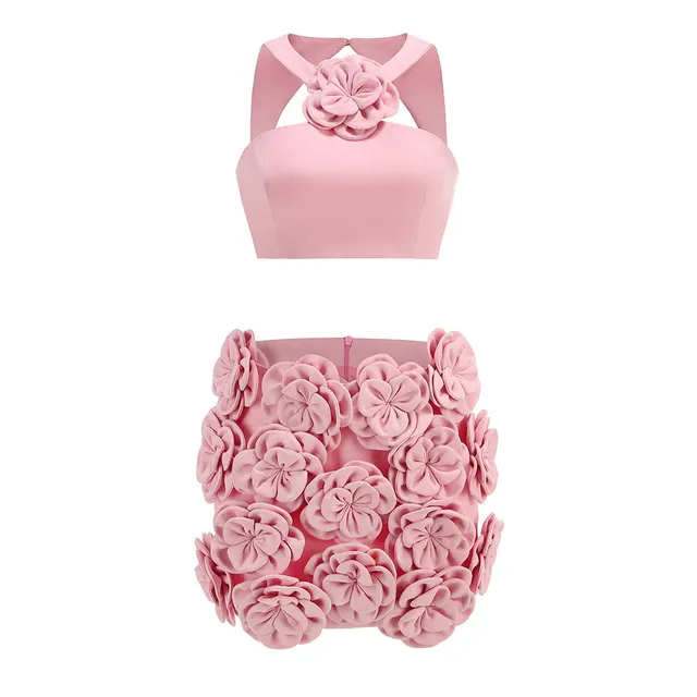 Fashion Suit Top Halter Decorative Flower Skirt Pink - Shop at LoveMi